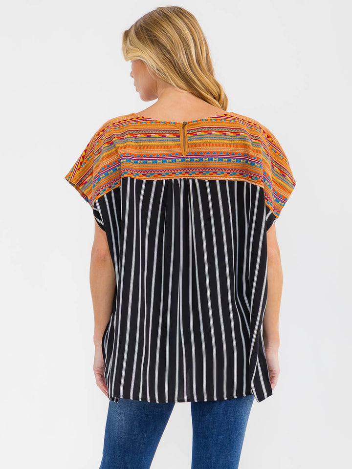 WOMEN'S SHORT SLEEVE STRIPES EMBROIDERY CONTRAST BLOUSE