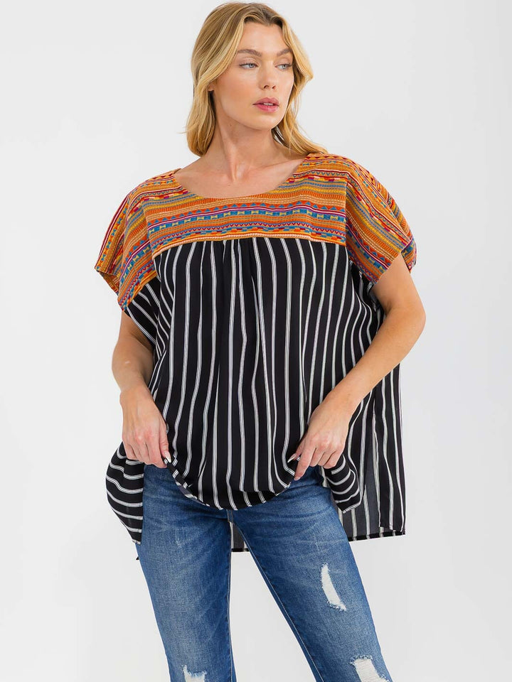 WOMEN'S SHORT SLEEVE STRIPES EMBROIDERY CONTRAST BLOUSE