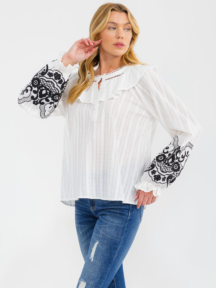 WOMEN'S LONG SLEEVE FLORAL EMBROIDERY RUFFLE DETAILED BLOUSE