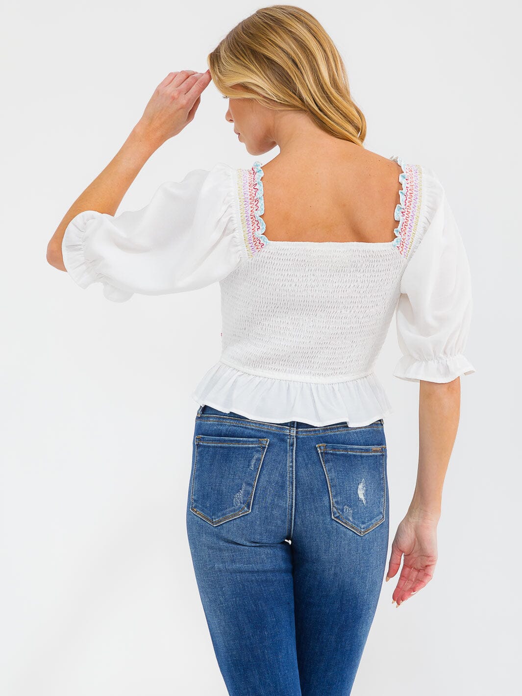 WOMEN'S SHORT PUFF SLEEVE SQUARE NECK SMOCK EMBROIDERY BLOUSE