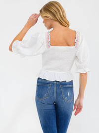 WOMEN'S SHORT PUFF SLEEVE SQUARE NECK SMOCK EMBROIDERY BLOUSE