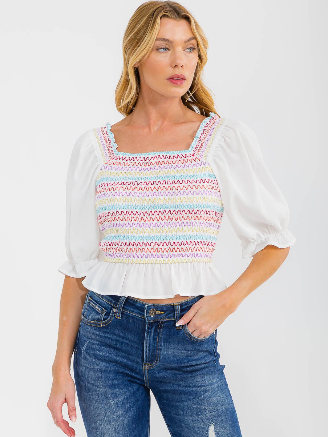 WOMEN'S SHORT PUFF SLEEVE SQUARE NECK SMOCK EMBROIDERY BLOUSE