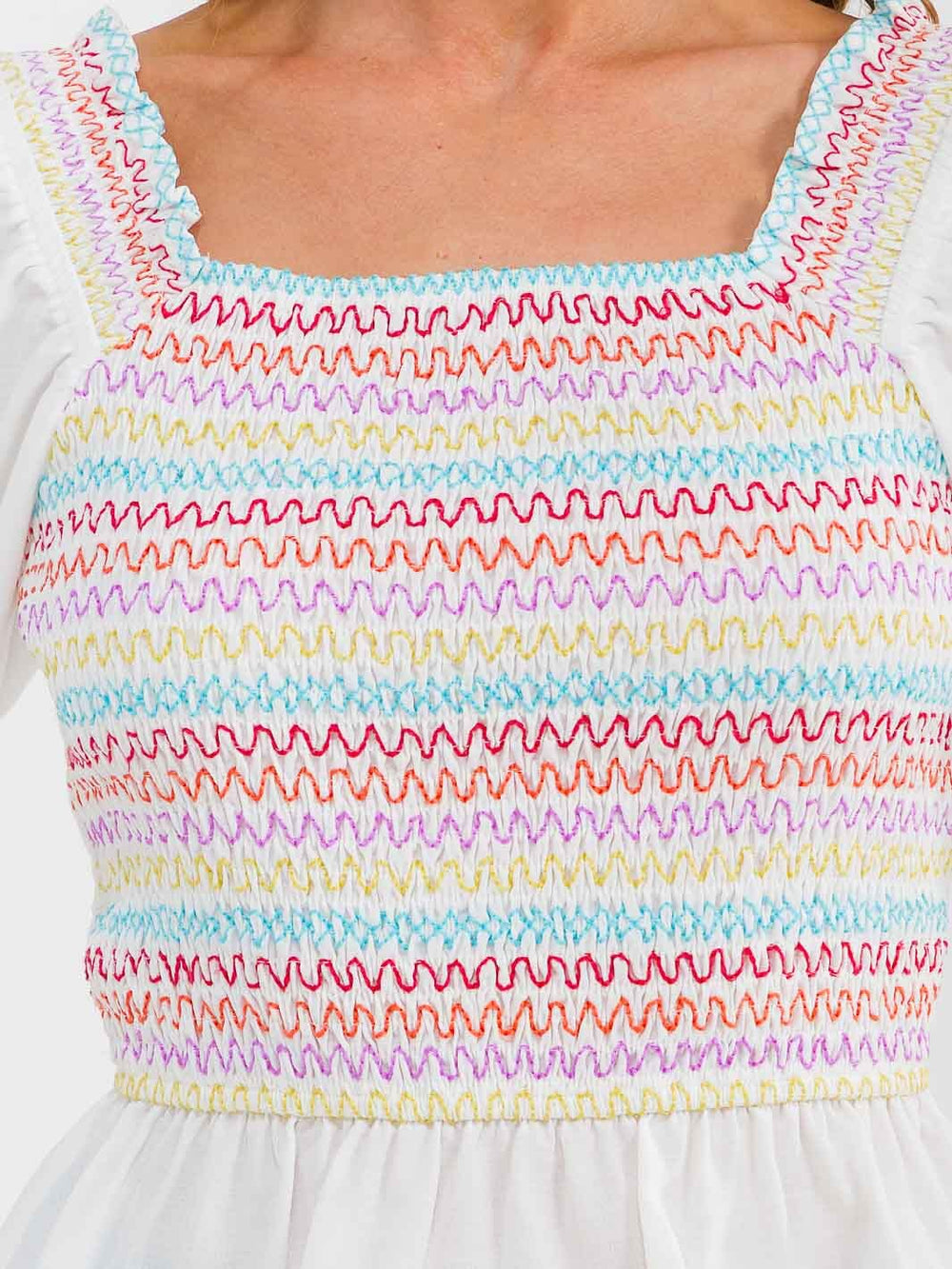 WOMEN'S SHORT PUFF SLEEVE SQUARE NECK SMOCK EMBROIDERY BLOUSE