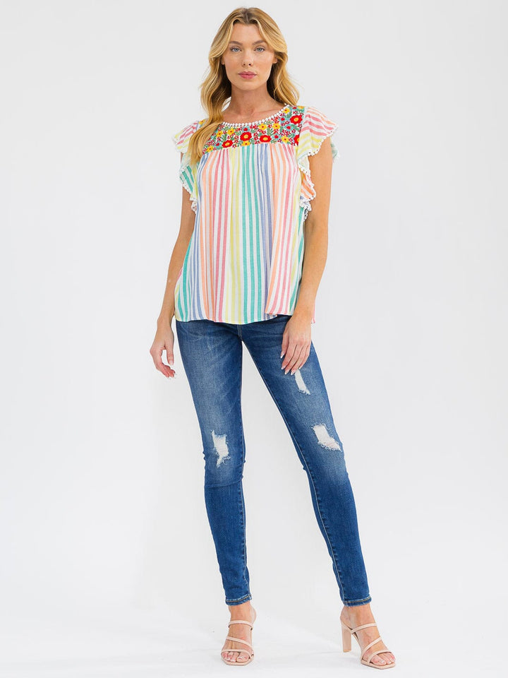 WOMEN'S RUFFLE SLEEVE FLORAL EMBROIDERY MULTI STRIPES BLOUSE
