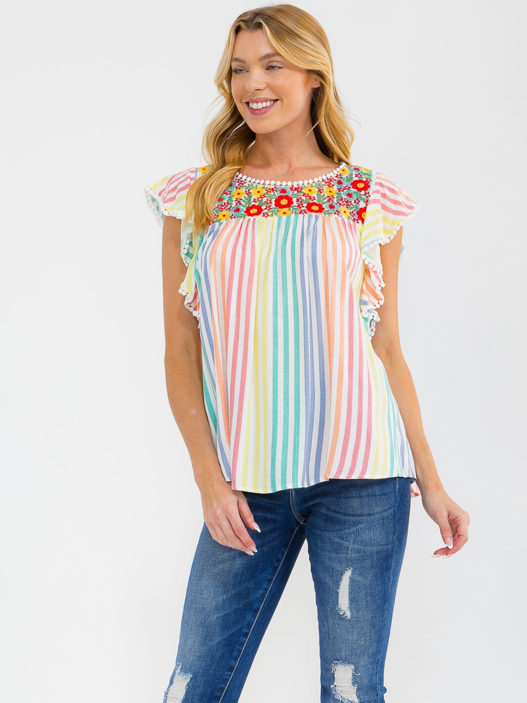 WOMEN'S RUFFLE SLEEVE FLORAL EMBROIDERY MULTI STRIPES BLOUSE