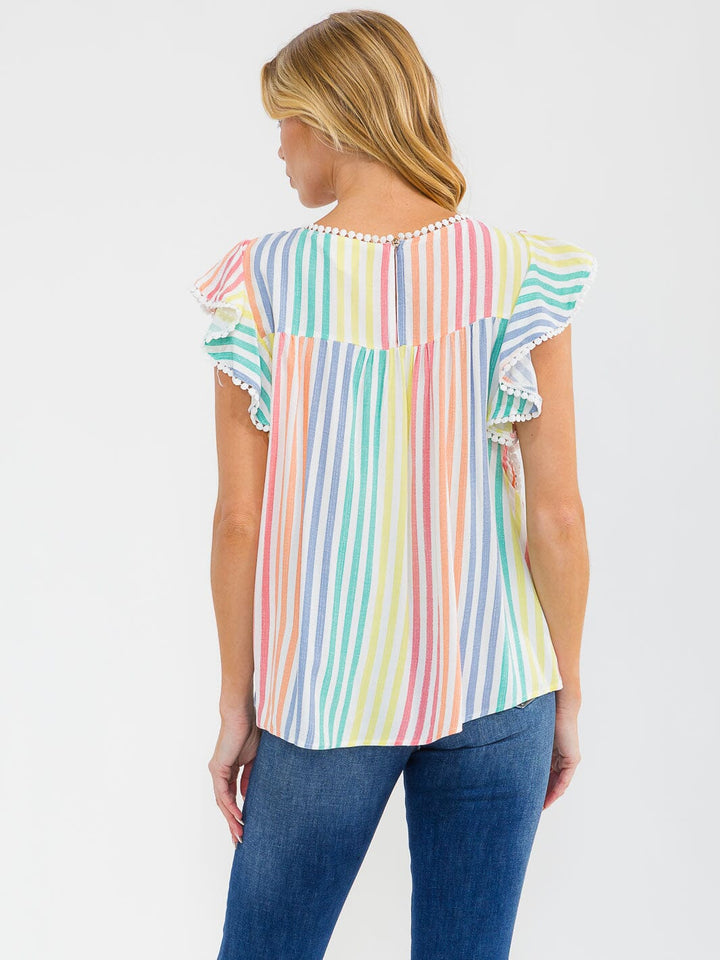 WOMEN'S RUFFLE SLEEVE FLORAL EMBROIDERY MULTI STRIPES BLOUSE