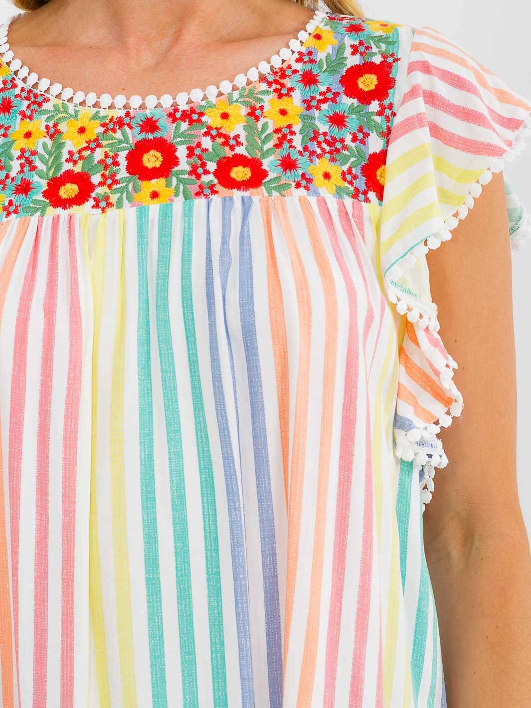 WOMEN'S RUFFLE SLEEVE FLORAL EMBROIDERY MULTI STRIPES BLOUSE