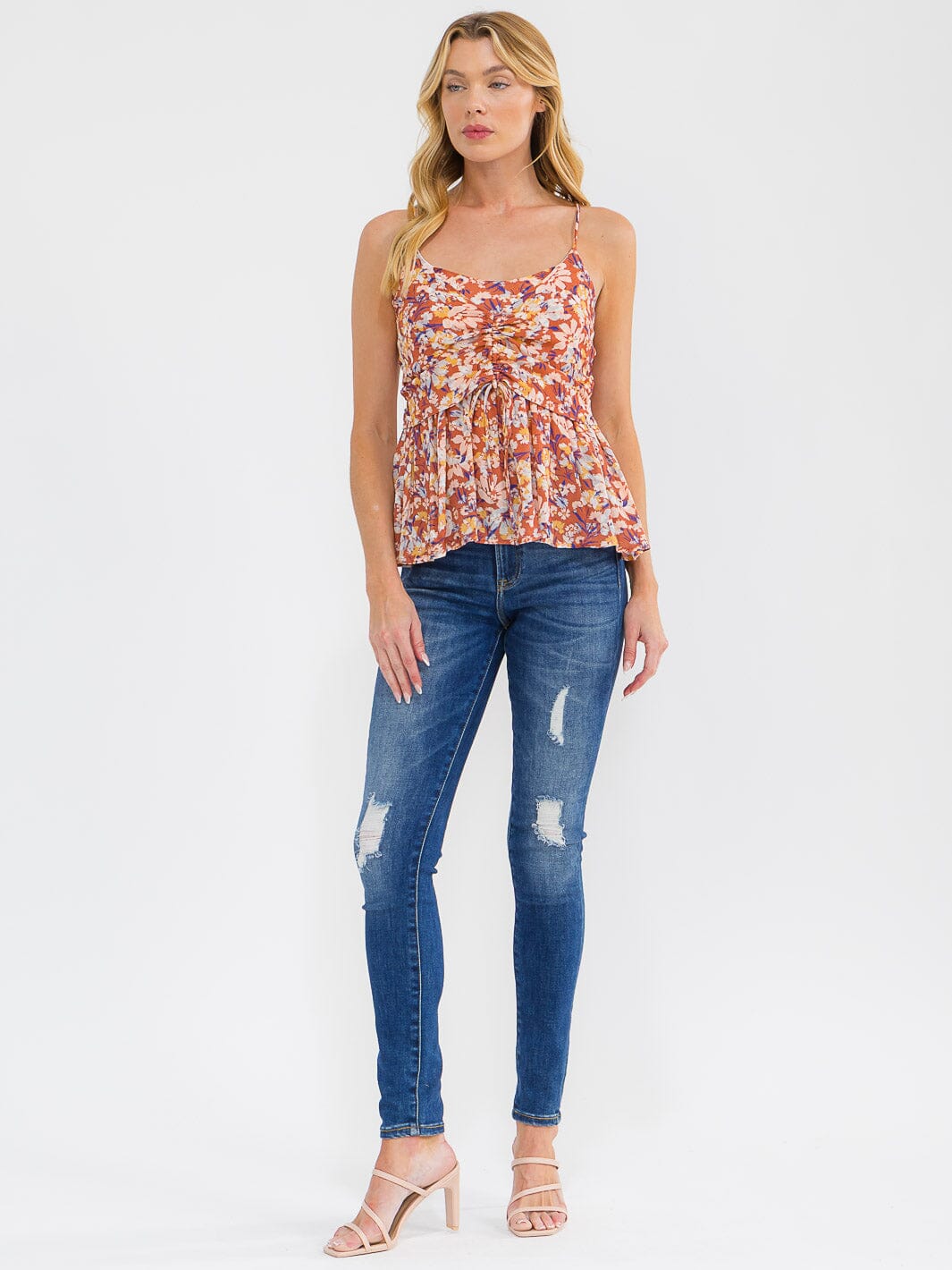 WOMEN'S SLEEVELESS FLORAL PRINT PEPLUM TANK TOP