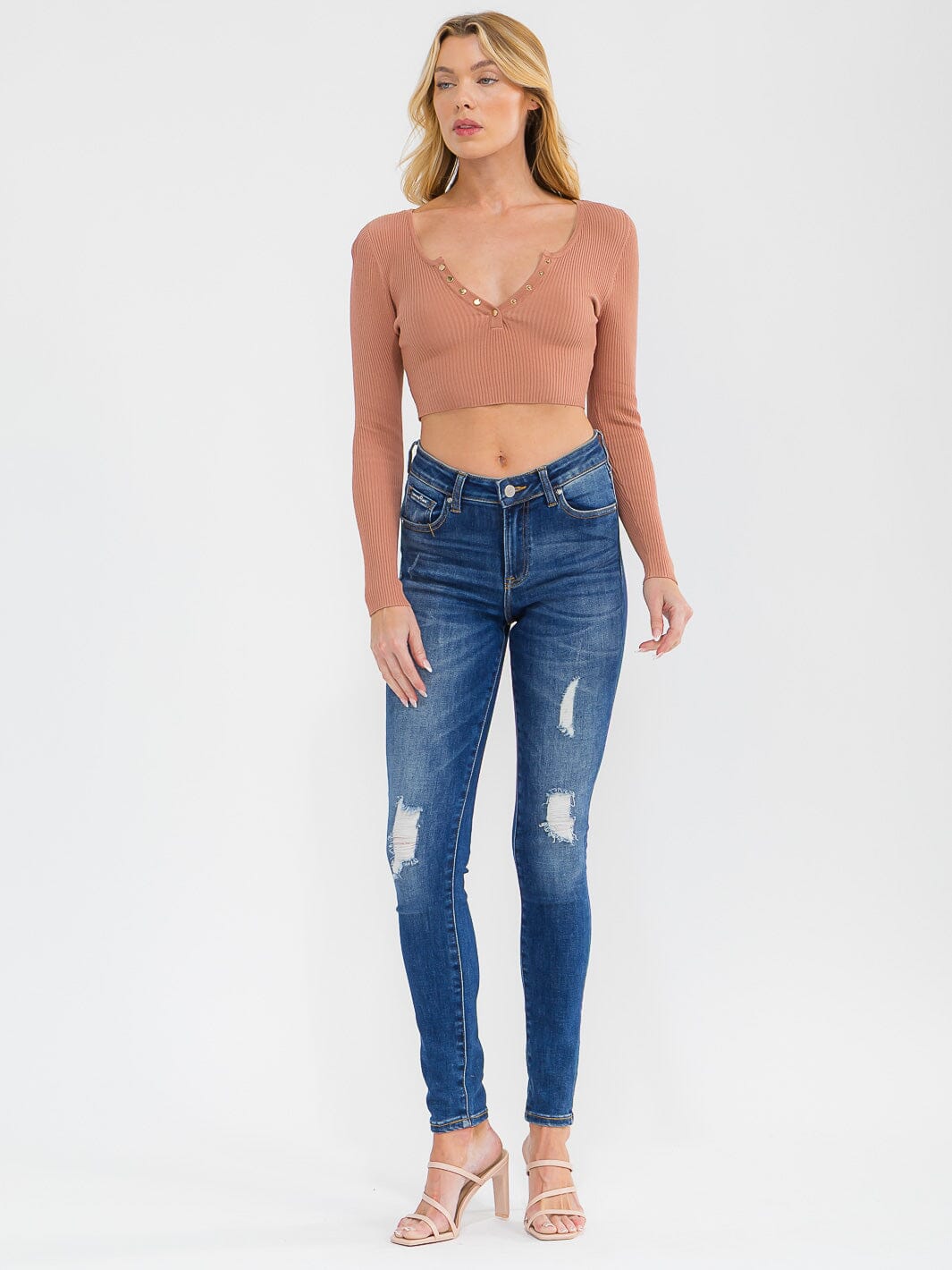 WOMEN'S LONG SLEEVE V-NECK RIBBED CROP TOP