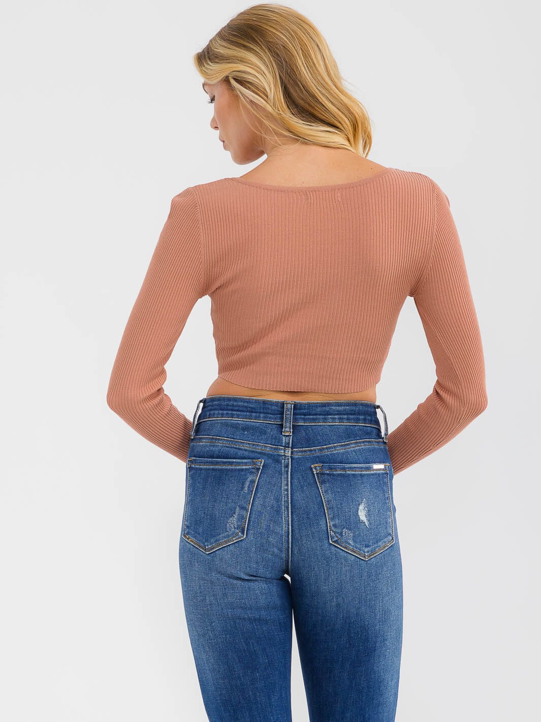 WOMEN'S LONG SLEEVE V-NECK RIBBED CROP TOP