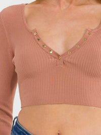 WOMEN'S LONG SLEEVE V-NECK RIBBED CROP TOP