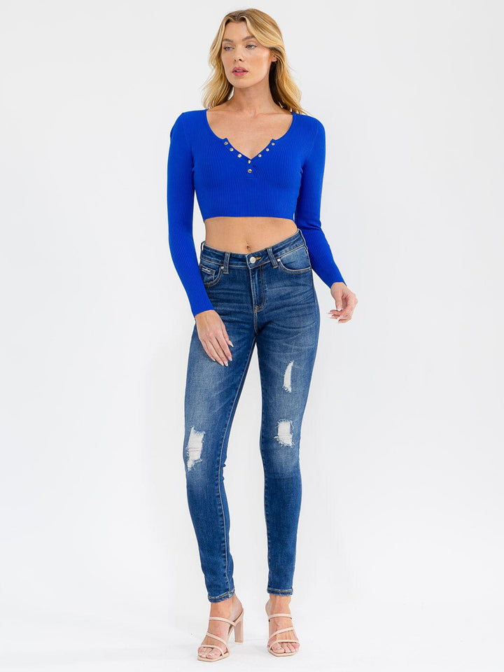 WOMEN'S LONG SLEEVE V-NECK RIBBED CROP TOP
