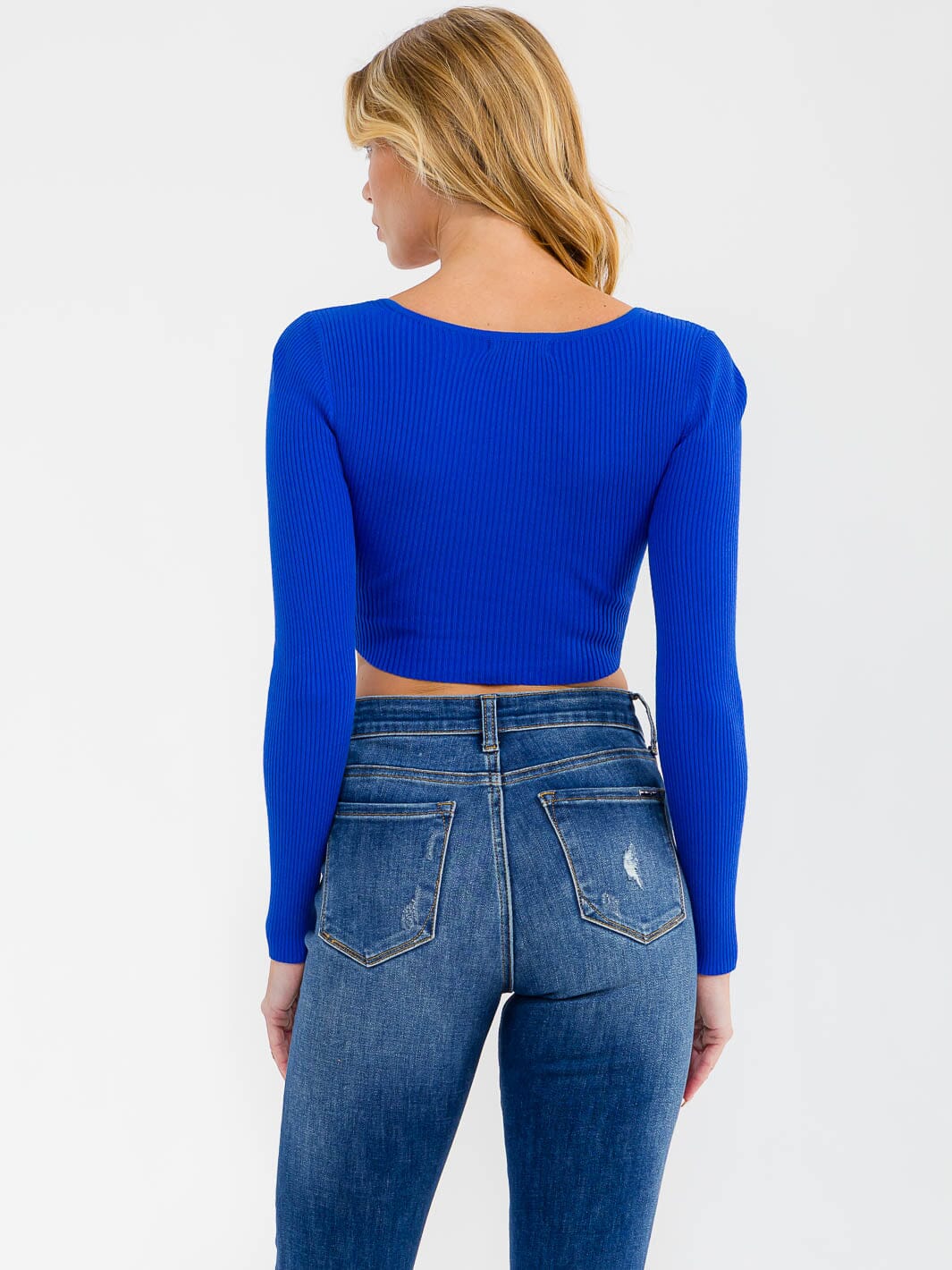 WOMEN'S LONG SLEEVE V-NECK RIBBED CROP TOP
