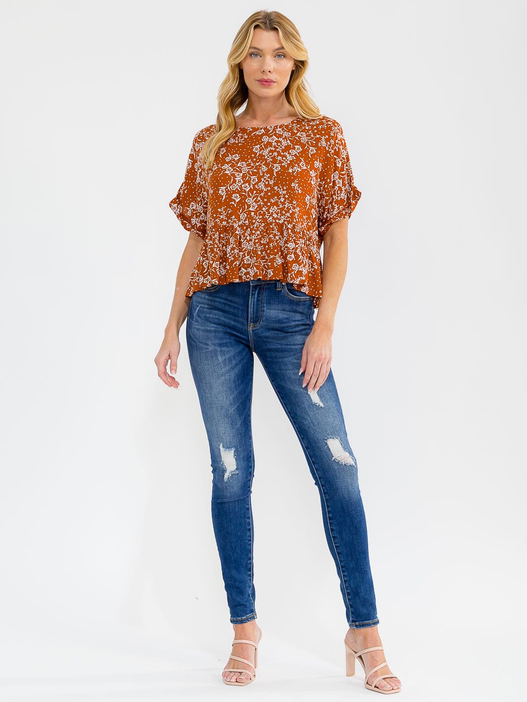 WOMEN'S SHORT SLEEVE FLORAL PRINT PEPLUM BLOUSE