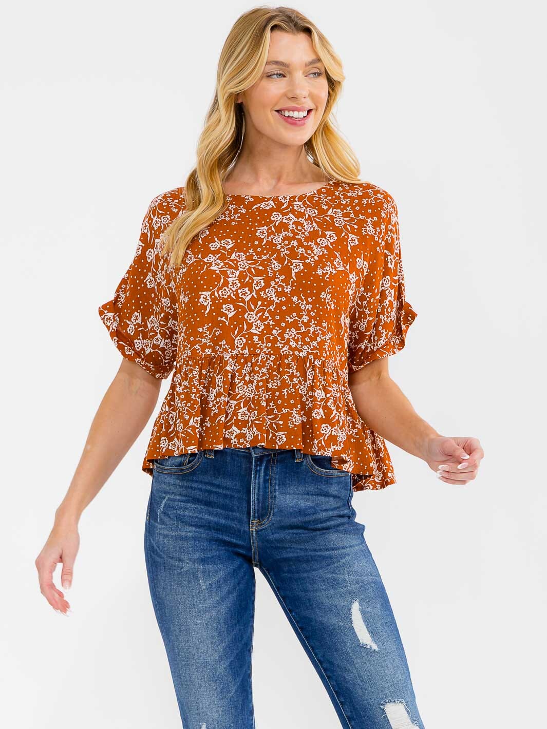WOMEN'S SHORT SLEEVE FLORAL PRINT PEPLUM BLOUSE