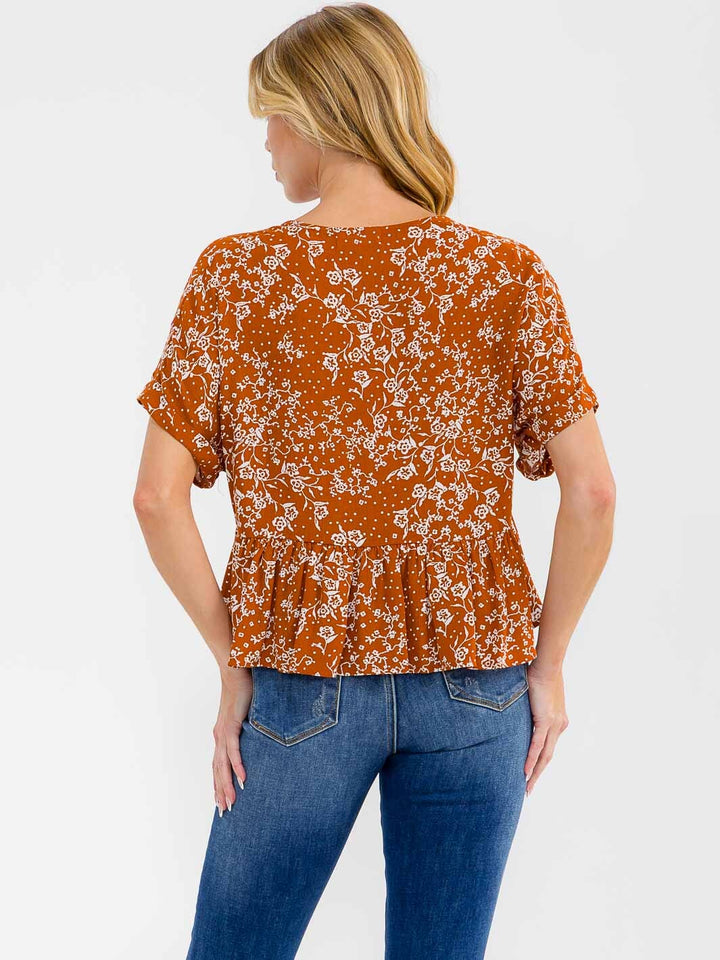 WOMEN'S SHORT SLEEVE FLORAL PRINT PEPLUM BLOUSE