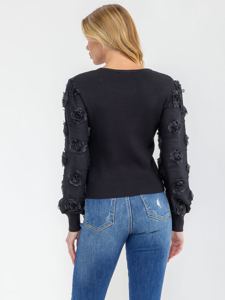 WOMEN'S LONG SLEEVE FLOWER DETAILED RIBBED BLOUSE