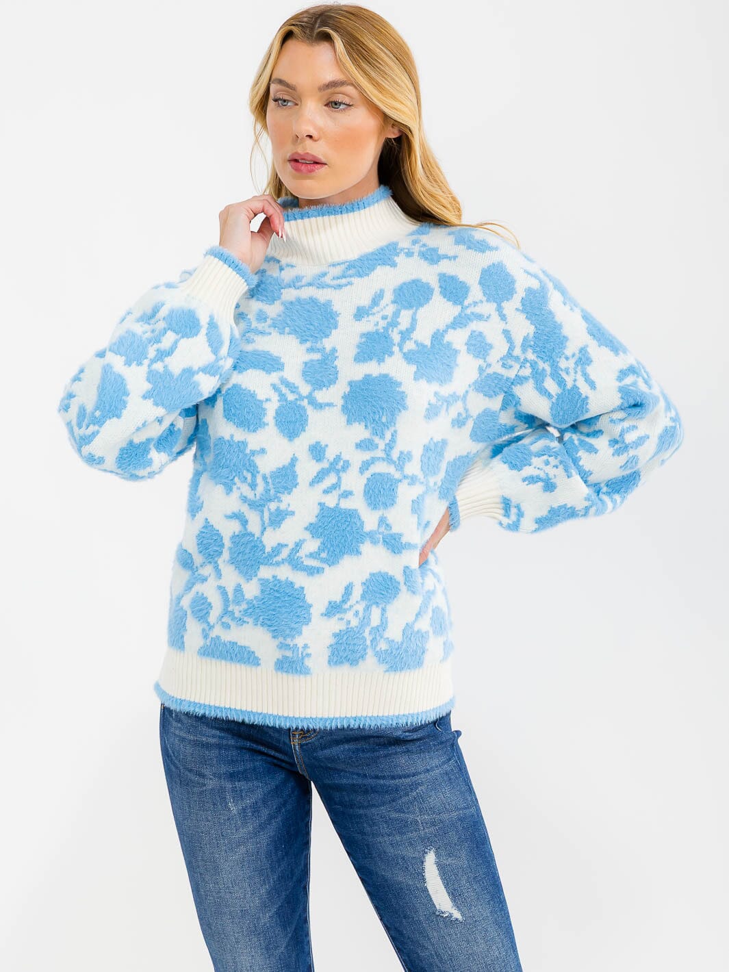 WOMEN'S LONG SLEEVE COLORBLOCK FLOWER PRINT PULLOVER SWEATER