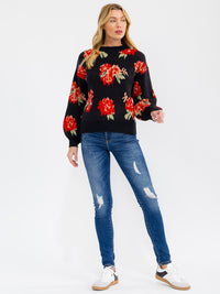 WOMEN'S LONG SLEEVE FLOWER PRINT PULLOVER SWEATER