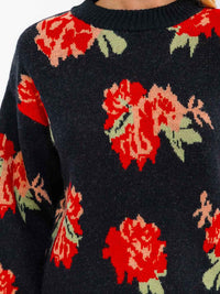 WOMEN'S LONG SLEEVE FLOWER PRINT PULLOVER SWEATER