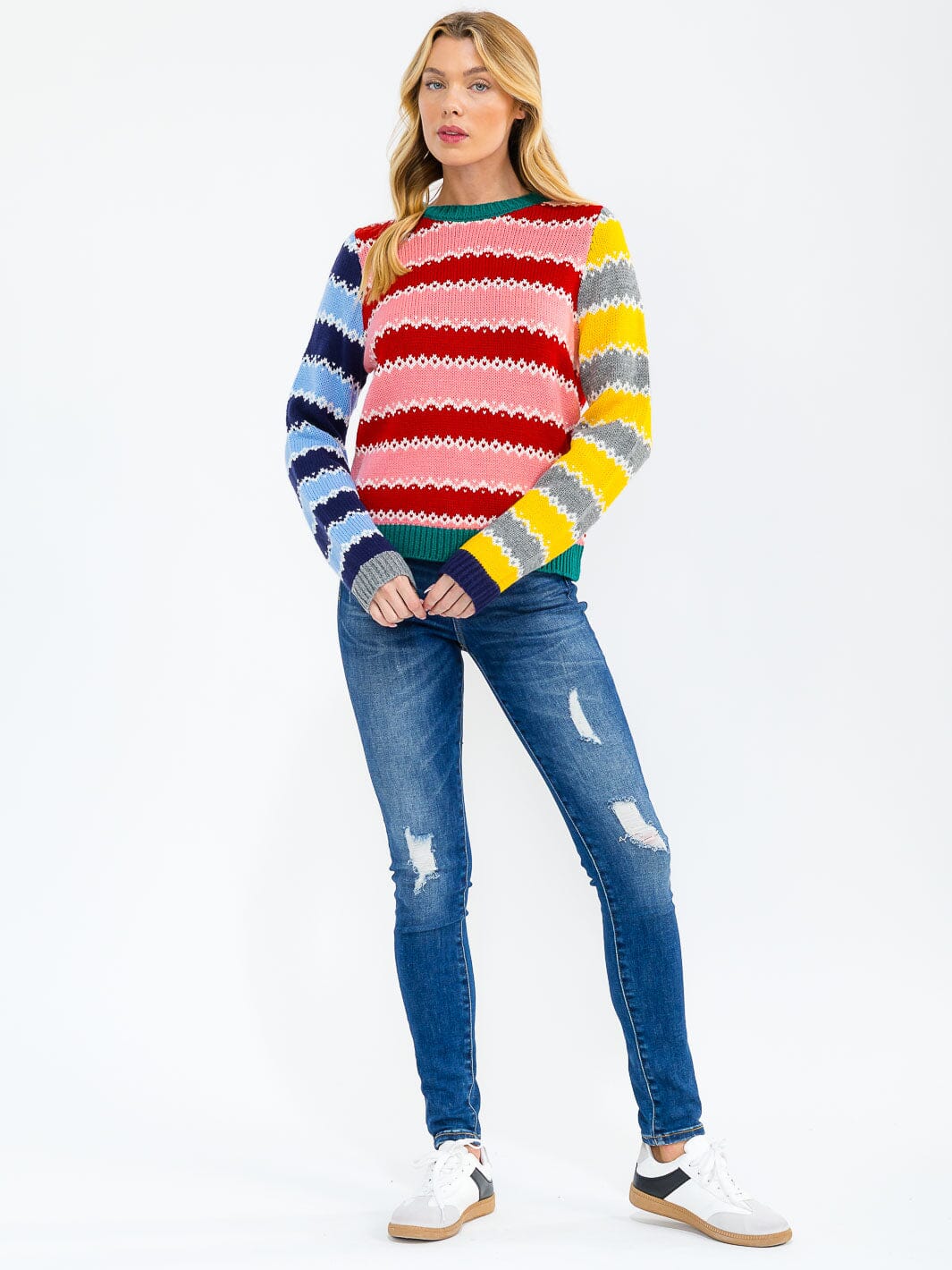 WOMEN'S LONG SLEEVE COLORBLOCK STRIPES PULLOVER SWEATER
