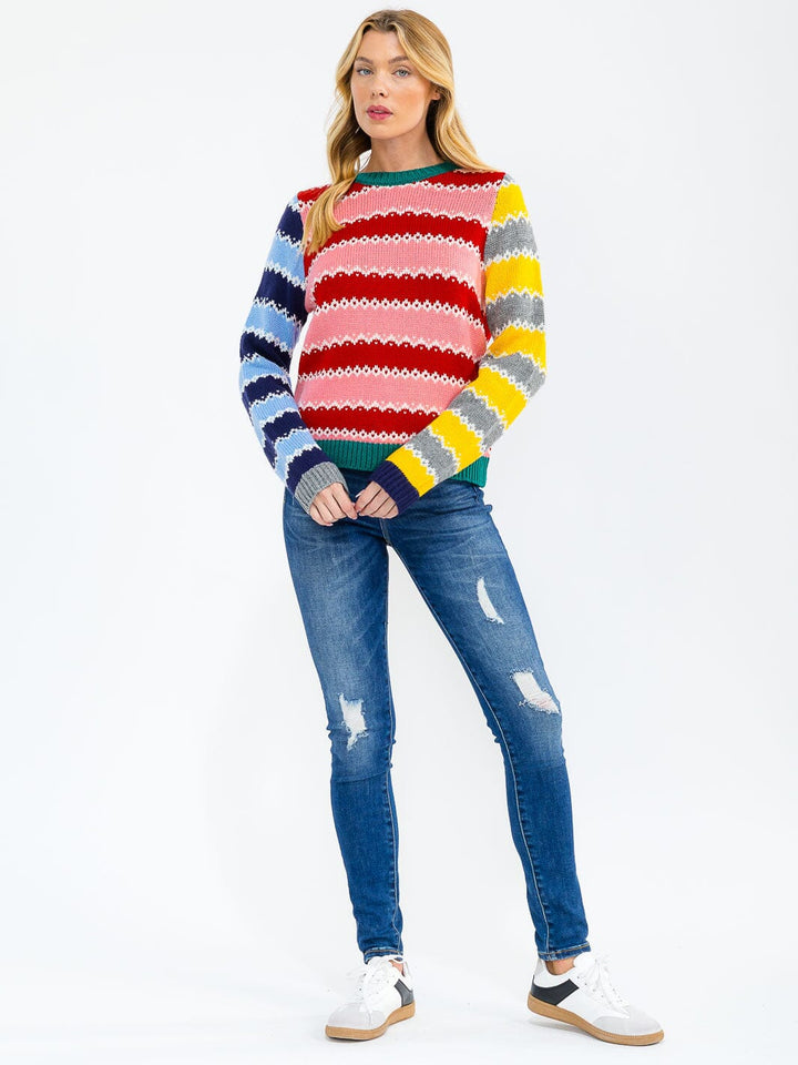 WOMEN'S LONG SLEEVE COLORBLOCK STRIPES PULLOVER SWEATER