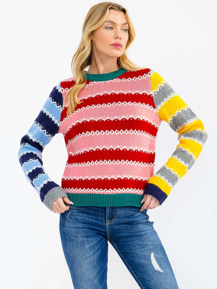 WOMEN'S LONG SLEEVE COLORBLOCK STRIPES PULLOVER SWEATER