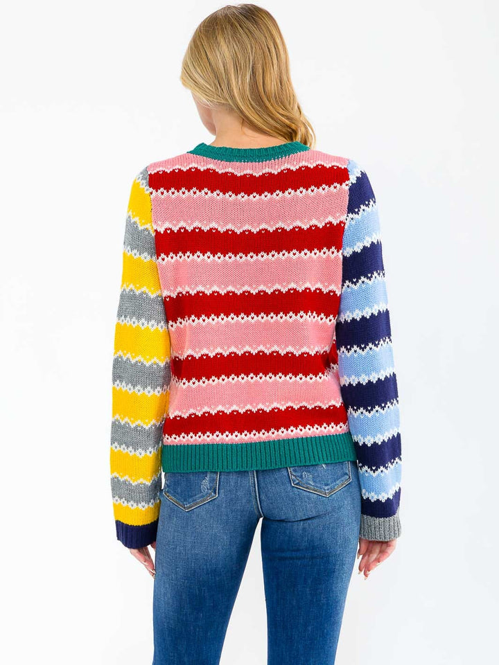 WOMEN'S LONG SLEEVE COLORBLOCK STRIPES PULLOVER SWEATER