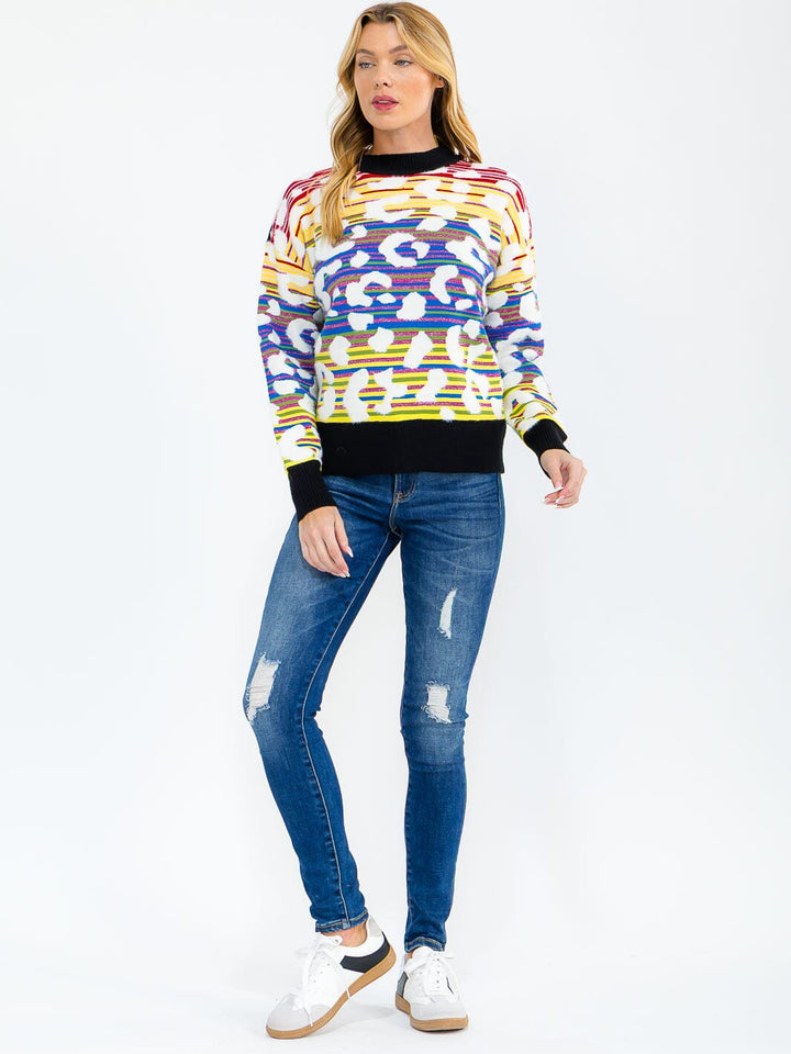 WOMEN'S LONG SLEEVE COLORBLOCK ANIMAL PRINT PULLOVER SWEATER
