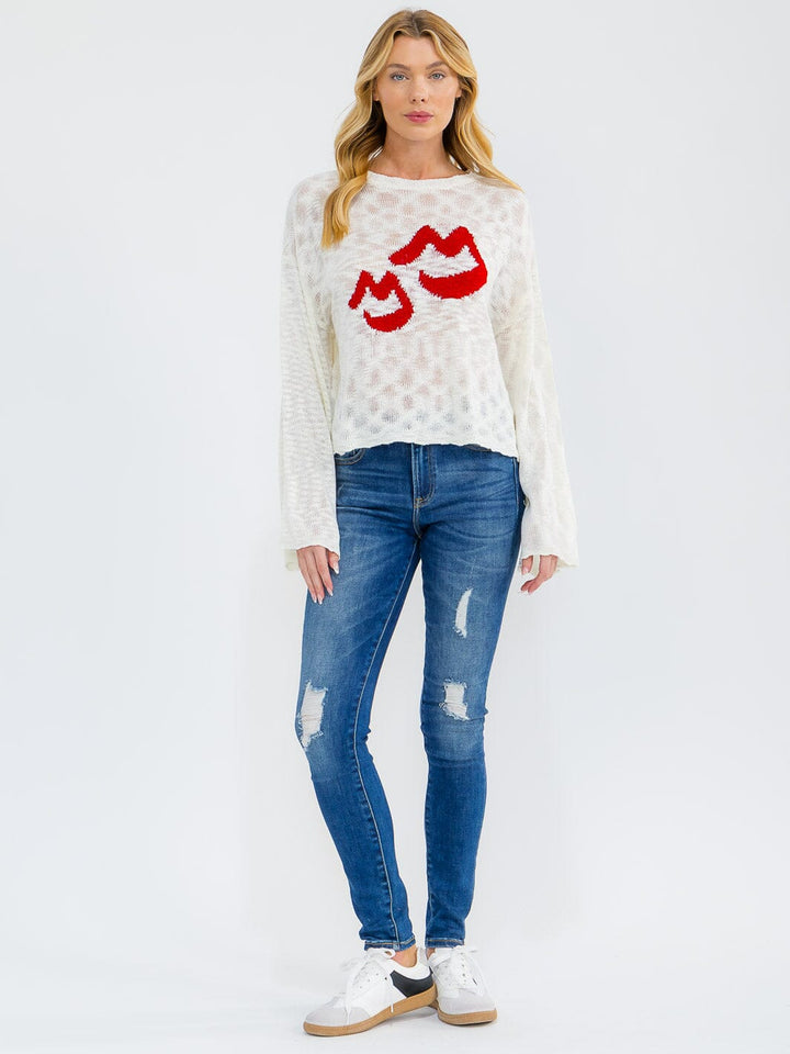 WOMEN'S LONG BELL SLEEVE LIPS PRINT KNIT TOP