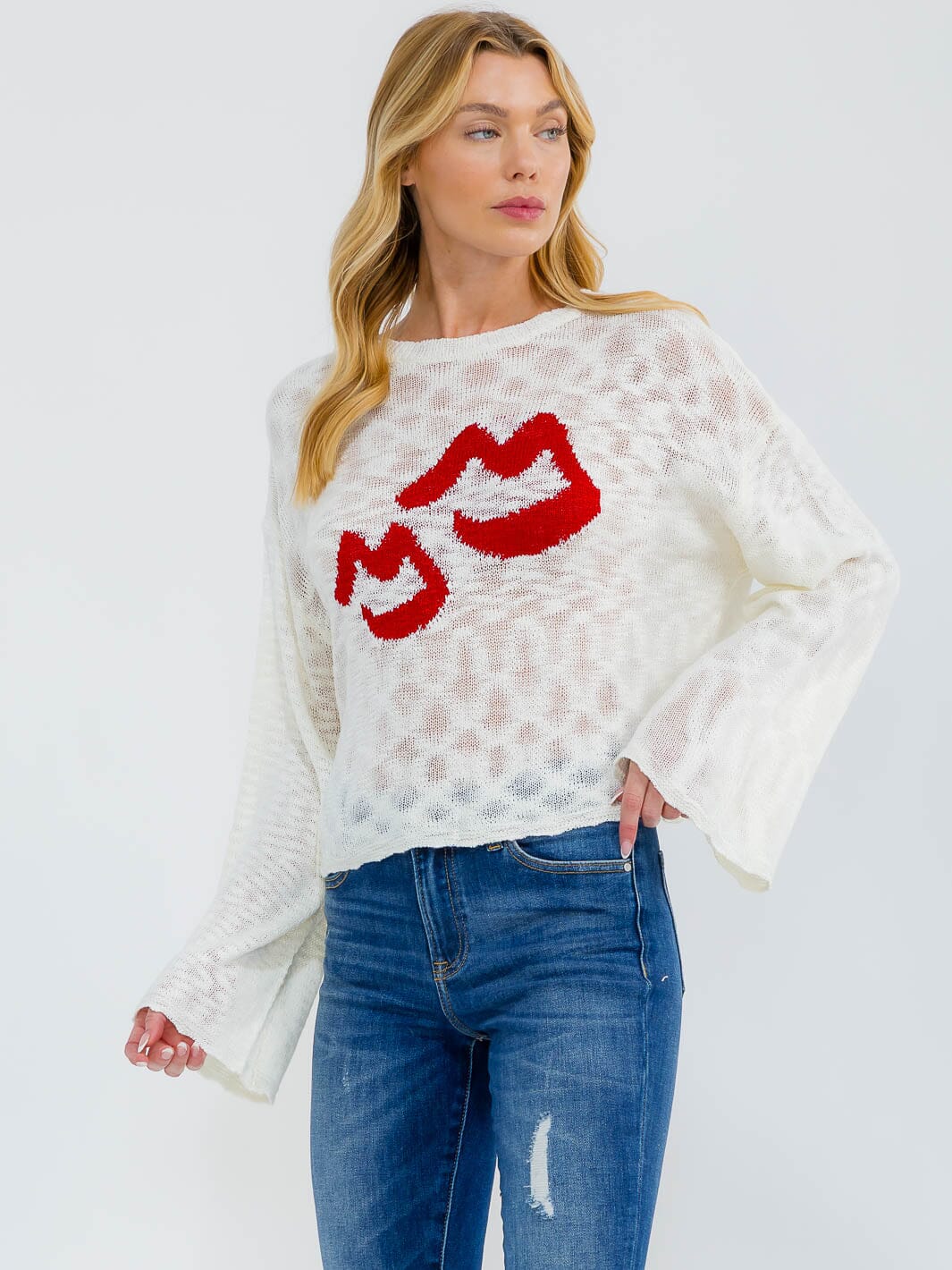 WOMEN'S LONG BELL SLEEVE LIPS PRINT KNIT TOP