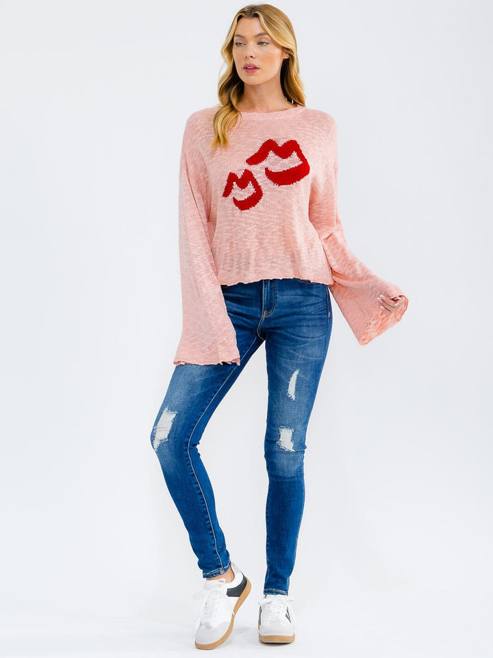 WOMEN'S LONG BELL SLEEVE LIPS PRINT KNIT TOP