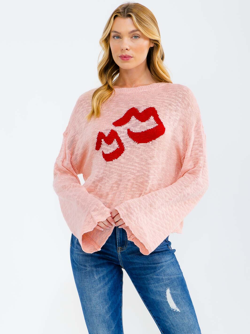 WOMEN'S LONG BELL SLEEVE LIPS PRINT KNIT TOP
