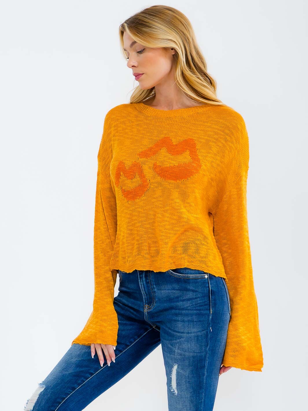 WOMEN'S LONG BELL SLEEVE LIPS PRINT KNIT TOP