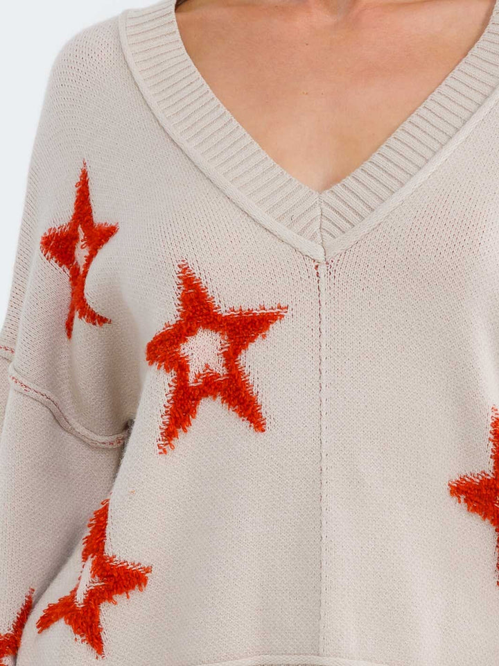WOMEN'S LONG BELL SLEEVE V-NECK STARS PRINT PULLOVER SWEATER