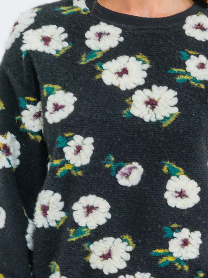 WOMEN'S LONG SLEEVE FLORAL PRINT PULLOVER SWEATER