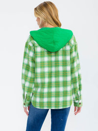 WOMEN'S LONG SLEEVE BUTTON CLOSURE FRONT POCKETS HOODED PLAID JACKET