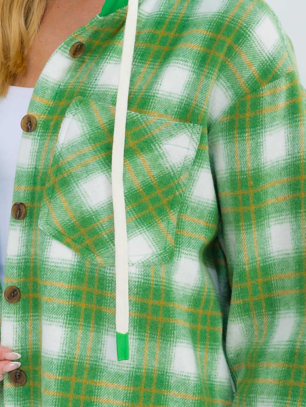 WOMEN'S LONG SLEEVE BUTTON CLOSURE FRONT POCKETS HOODED PLAID JACKET