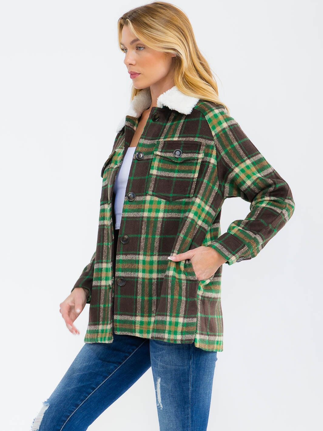 WOMEN'S LONG SLEEVE BUTTON CLOSURE FRONT POCKETS PLAID JACKET