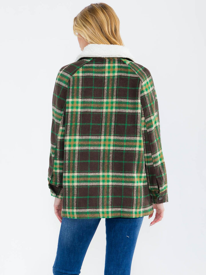 WOMEN'S LONG SLEEVE BUTTON CLOSURE FRONT POCKETS PLAID JACKET