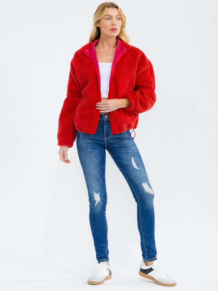 WOMEN'S LONG SLEEVE ZIPPER CLOSURE FRONT POCKETS SHERPA SWEATER