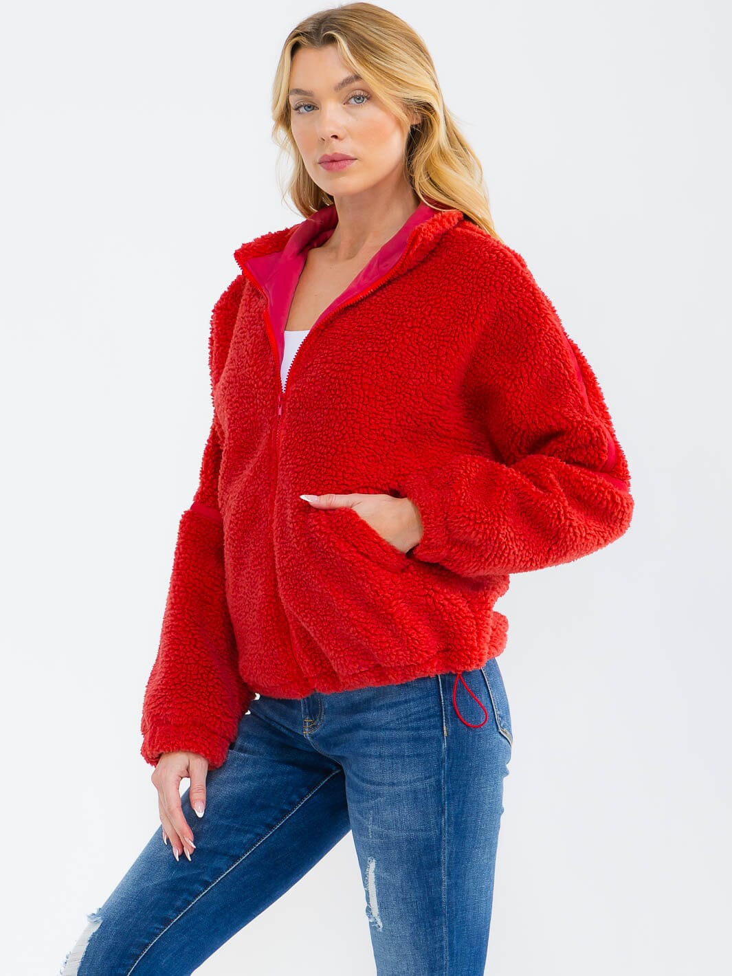 WOMEN'S LONG SLEEVE ZIPPER CLOSURE FRONT POCKETS SHERPA SWEATER