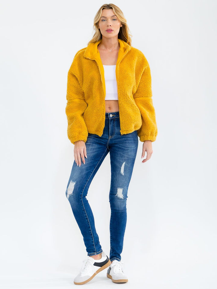 WOMEN'S LONG SLEEVE ZIPPER CLOSURE FRONT POCKETS SHERPA SWEATER