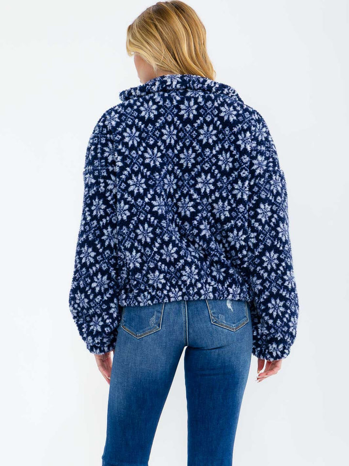 WOMEN'S LONG SLEEVE ZIPPER CLOSURE FRONT POCKETS FLORAL SHERPA JACKET