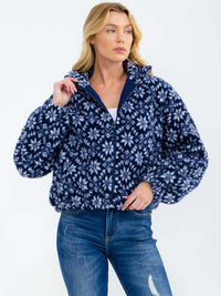 WOMEN'S LONG SLEEVE ZIPPER CLOSURE FRONT POCKETS FLORAL SHERPA JACKET