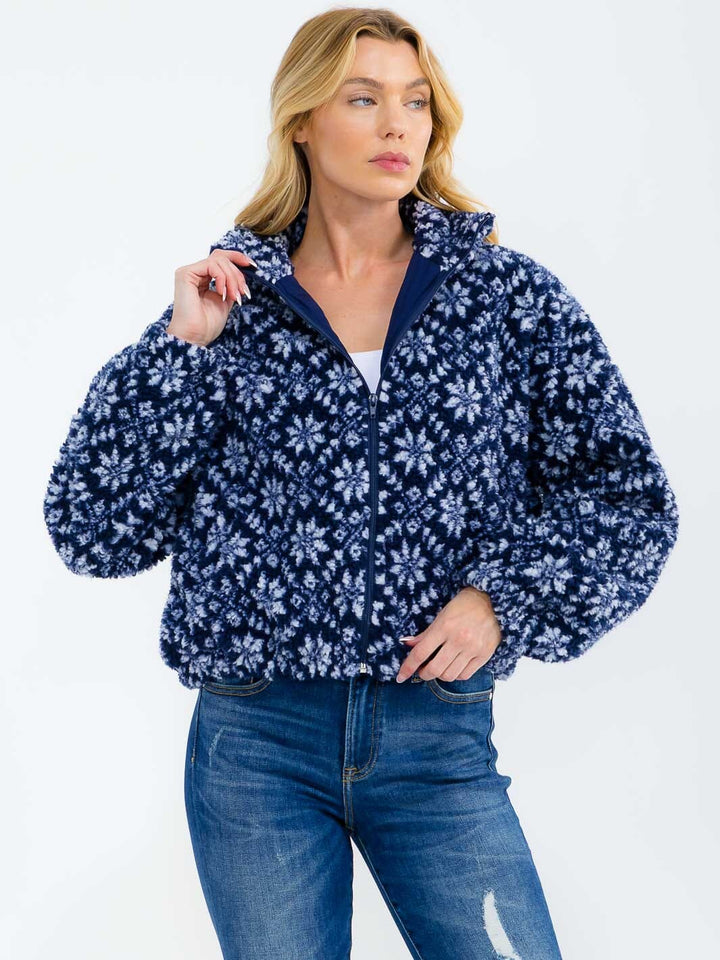 WOMEN'S LONG SLEEVE ZIPPER CLOSURE FRONT POCKETS FLORAL SHERPA JACKET