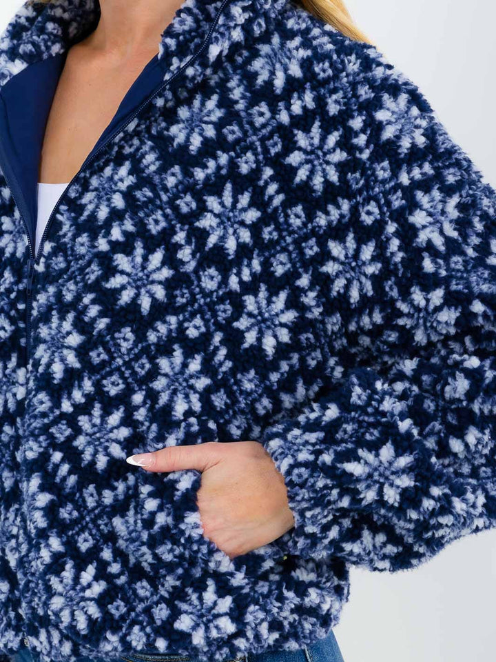 WOMEN'S LONG SLEEVE ZIPPER CLOSURE FRONT POCKETS FLORAL SHERPA JACKET