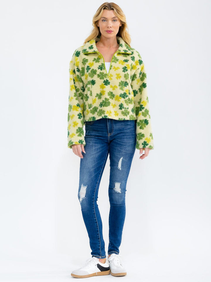 WOMEN'S LONG SLEEVE ZIP UP FRONT POCKETS FLORAL SHERPA PULLOVER SWEATER