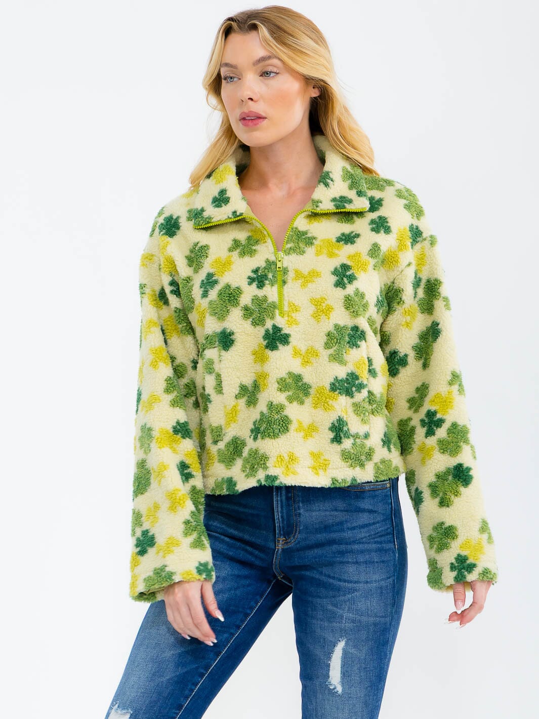 WOMEN'S LONG SLEEVE ZIP UP FRONT POCKETS FLORAL SHERPA PULLOVER SWEATER