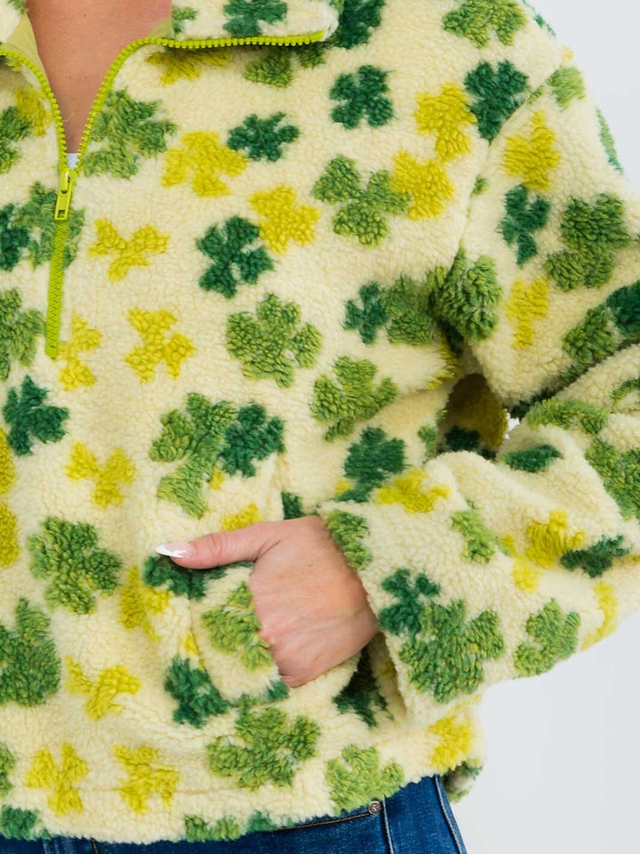 WOMEN'S LONG SLEEVE ZIP UP FRONT POCKETS FLORAL SHERPA PULLOVER SWEATER